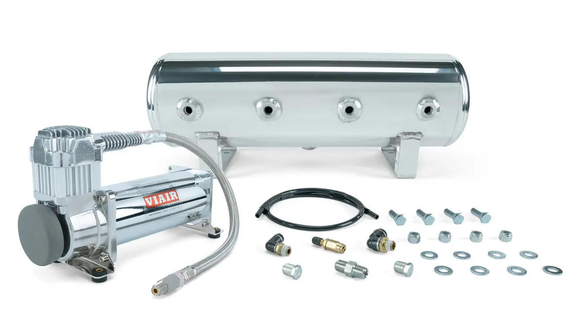 Air Lift Performance 2.5 Gal. Polished Tank W/ Viair 444C Chrome Compressor, 1/4" & 3/8" Fittings & Tank Mounting Hardware 1