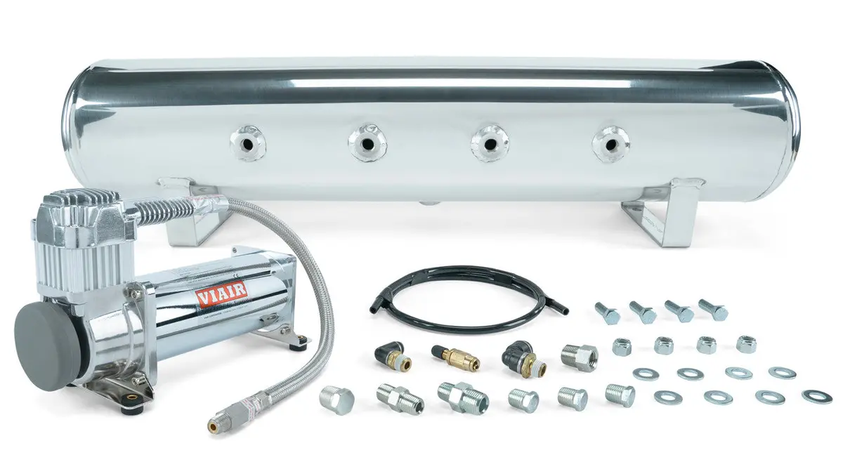 Air Lift Performance 4 Gal. 7 Port Polished Tank W/ Viair 444C Chrome Compressor, 1/4" & 3/8" Fittings & Tank Mounting Hardware 1