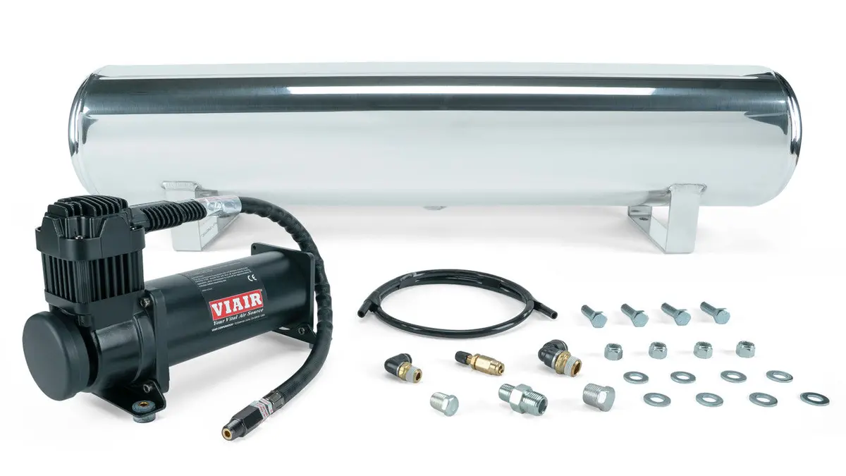 Air Lift Performance 4 Gal. Polished Tank W/ Viair 444C Black Compressor, 1/4" & 3/8" Fittings & Tank Mounting Hardware 1