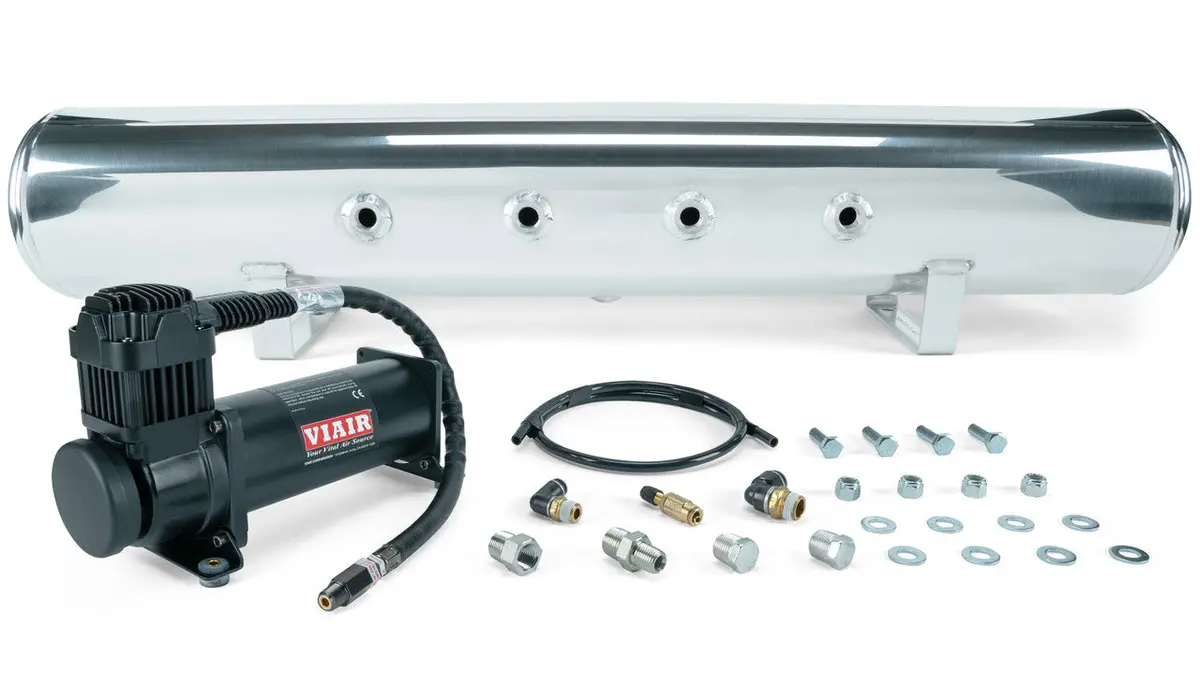 Air Lift Performance 5 Gal. Polished Tank W/ Viair 444C Black Compressor, 1/4" & 3/8" Fittings And Tank Mounting Hardware 1