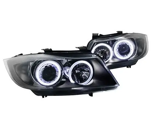 E90 2006-2008 Led Angel Eye Black Projector Headlights W/ Clear Reflector 1