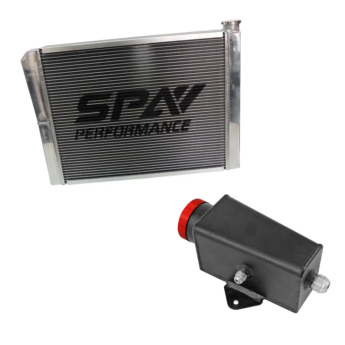 Spa Turbo Lightweight Late Model Radiator - Double Pass - 26.8" X 19.6" + Power Steering Tank Firewall Mount (Right Inlet) - Red Cap 1