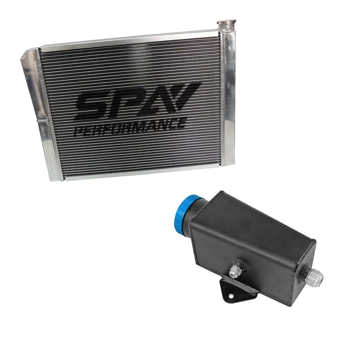 Spa Turbo Lightweight Late Model Radiator - Double Pass - 26.8" X 19.6" + Power Steering Tank Firewall Mount (Right Inlet) - Blue Cap 1