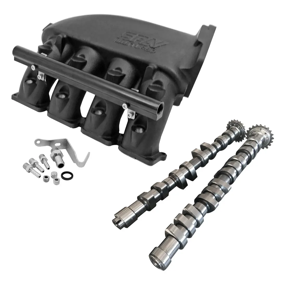 Spa Turbo Cast Aluminum Intake Manifold For Transverse Vw/Audi 1.8T With 4 Injectors Fuel Rail Kit (Right Side Oem Throttle) - Black + 252 / 260 High Performance Camshaft Set For Vw/Audi 1.8L 20V 1