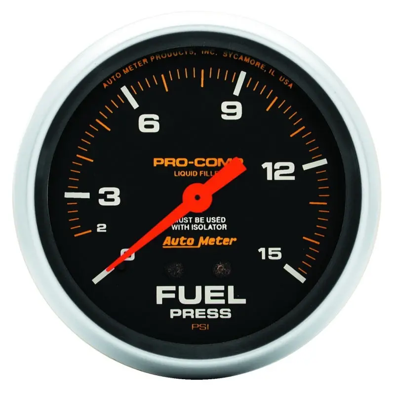 2-5/8" Fuel Pressure W/ Isolator, 0-15 Psi, Mechanical, Liquid Filled, Pro-Comp 1