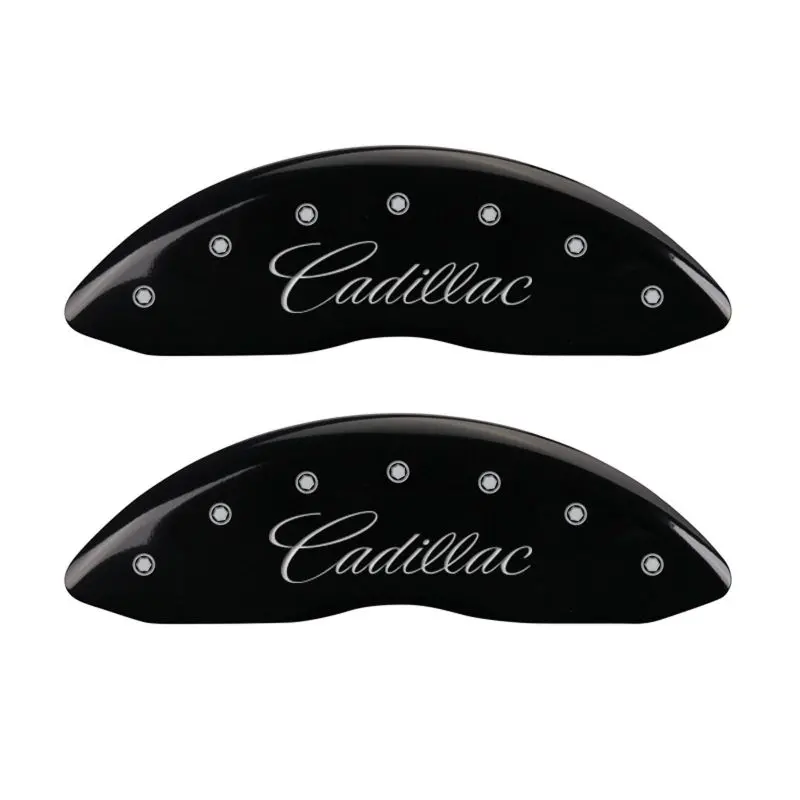 Mgp Engraved 4-Piston Caliper Covers – Front & Rear, Cursive Design, Cadillac Black With Silver Accents 1