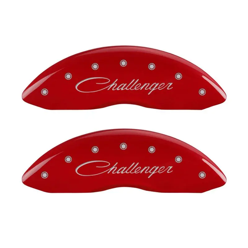Mgp Engraved 4-Piston Caliper Covers – Front And Rear Set, Cursive Script Design, Challenger Red Accents On Silver Base 1