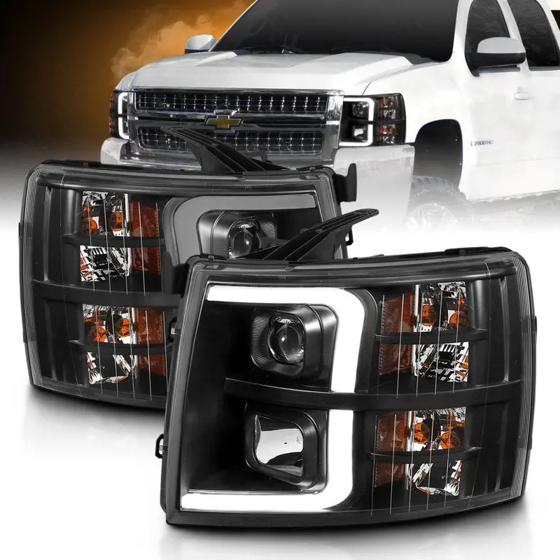 Anzo Projector Headlights For 2007–2013 Chevrolet Silverado 3500 – Black Housing With Amber Led Accent 1