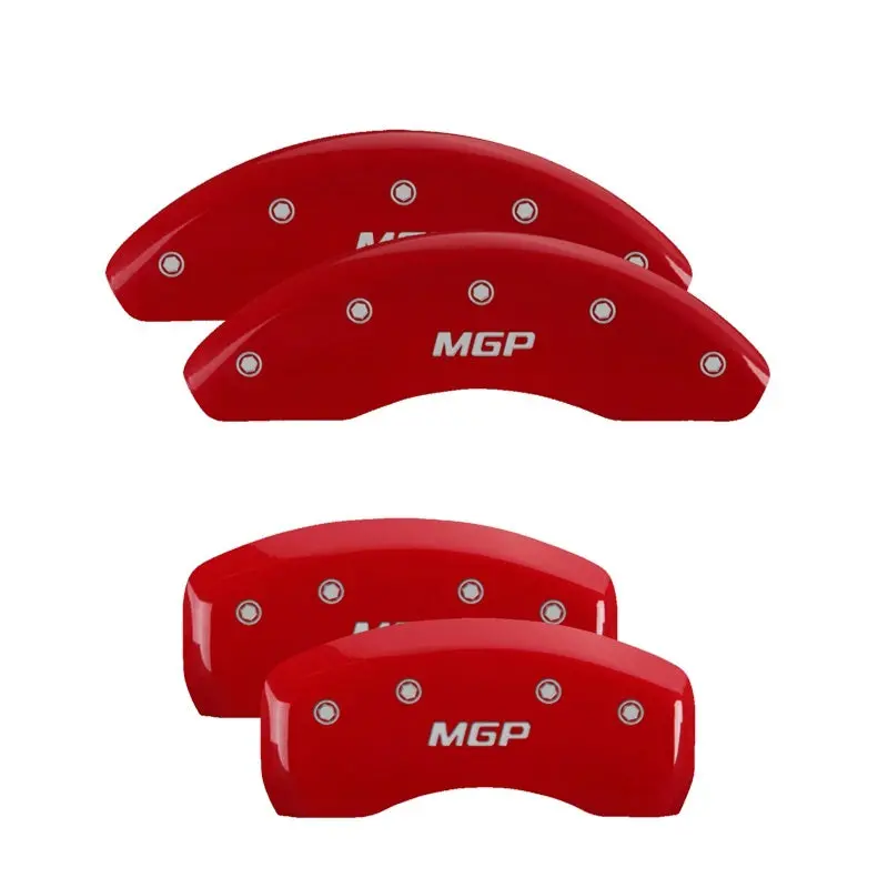 Mgp Engraved 4-Piston Caliper Covers For Jeep – Front And Rear Sets With Grill Logo, Red Finish Over Silver Chrome 1